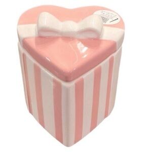 🆕- Lang- Coquette Hand Painted- Pink and White Heart Shaped Canister with Lid